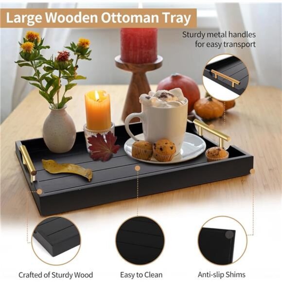 Wood Serving Tray Set Large Coffee Table Ottoman Tray with Handles and Coasters - Picture 4 of 7